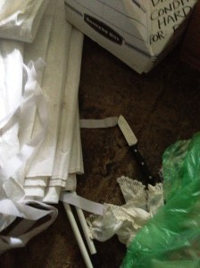 Although the studio was filled with every different size and brand of box cutter our villainous friend brought his own tool.  Anybody missing a nice kitchen knife? Check it out someone had their kitchen robbed!